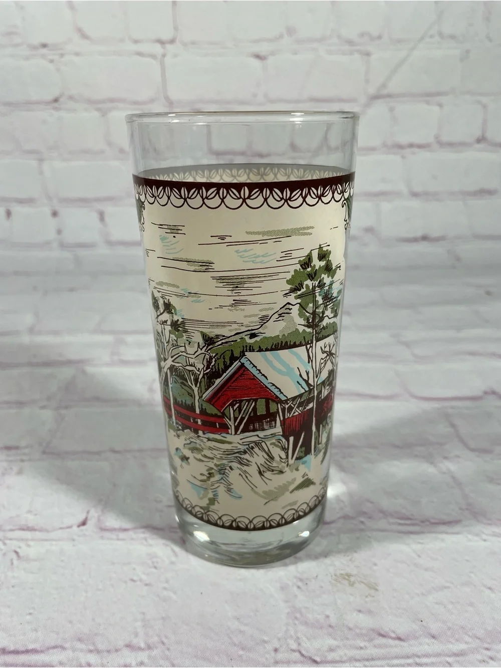 Vintage Johnson Brothers Friendly Village Covered Bridge Glass Tumbler 15oz
